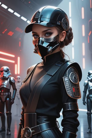 a girl in black in a star wars uniform, in the style of moody tonal contrasts, 32k uhd, masks and totems, weathercore, cobra, made of mist, exquisite clothing detail