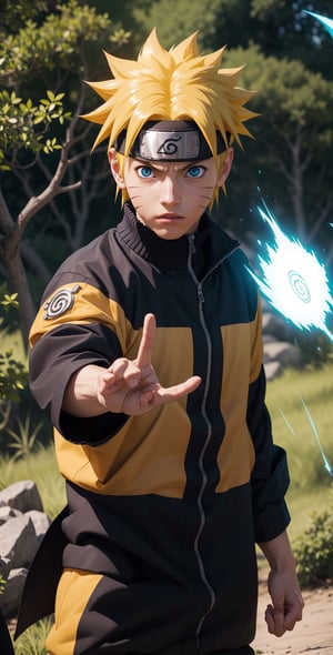 "Generate an image of Naruto Uzumaki from the popular anime series 'Naruto' using his signature jutsu, the 'Rasengan.' Naruto stands with determination, his blond hair flowing, and his bright blue eyes focused. He holds his palm out, surrounded by swirling chakra that forms the Rasengan, a spiraling sphere of energy. The scene is set against a backdrop of a lush forest, with leaves rustling in the wind as Naruto's power radiates through the air. Capture the essence of Naruto's spirit and determination as he unleashes his formidable ninja abilities.",n4rut0