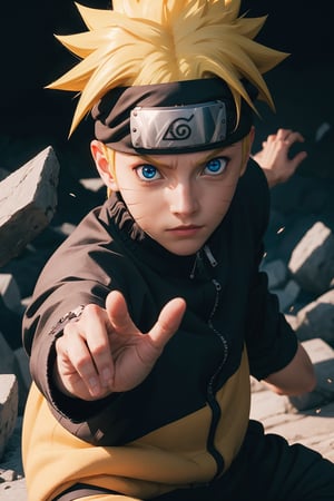 imagine naruto uzumaki in real life, ultra hd, detailed body, detailed hands, detailed face, detailed eyes, blue eyes, rasengan, power in the hands, background with lights and floating stones, hdr, n4rut0