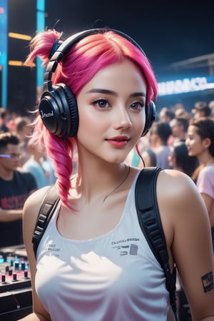 RAW photo of female DJ, 24 years old, skinny, (futuristic DJ set:1.2), bright pink hair, messy ponytail weave hairstyle, detailed headphones, medium smile, (looking at crowd:1.1), (hype atmosphere:1.2), (full DJ set visible:1.3), standing on a stage, (big crowd in background:1.1), (everyone partying:1.2), (masterpiece:1.3), (best_quality:1.3), (ultra_detailed:1.3), 8k, extremely_clear, realism, (ultrarealistic:1.3), cinematic lighting, highres, professional color grading, film grain, (ultrarealistic:1.2):(adobe lightroom:1.2):0.3), (intricate details:0.2),gh3a