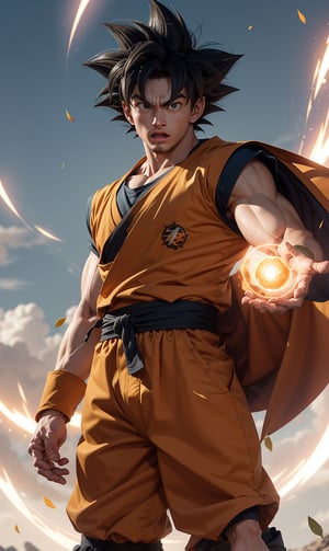 "Generate an realistic image of Super Saiyan Son Goku from the popular anime series 'Dragon Ball Z' using his signature Kame_Hame_Ha, the 'Rasengan.' Goku stands with determination, his blond hair flowing, and his bright blue eyes focused. He holds his palm out, surrounded by swirling chakra that forms the Rasengan, a spiraling sphere of energy. The scene is set against a backdrop of a lush sky, with leaves rustling in the wind as Goku's power radiates through the air. Capture the essence of Goku's spirit and determination as he unleashes his formidable ninja abilities.",son goku