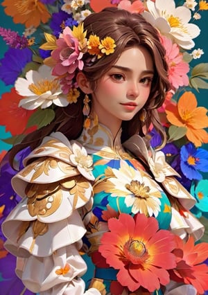 portrait,woman, flower dress, colorful, darl background,flower armor,white theme,dfdd,2d_animated,niji5,3d style