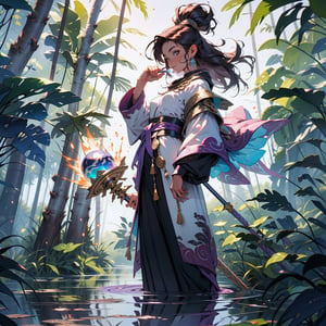 (masterpiece), best quality, 1boy, mage, holding_magic staff, casting purple magic, [Purple Water | Dragon], glowing, wide shot, standing on lake, surface lake, jungle_forest, intricate details, pink particles swirling ,EnvyBeautyMix23, fantastic vibe, finalfantasy,