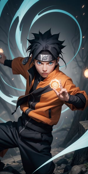 "Generate an image of Naruto Uzumaki from the popular anime series 'Naruto' using his signature jutsu, the 'Rasengan.' Naruto stands with determination, his blond hair flowing, and his bright blue eyes focused. He holds his palm out, surrounded by swirling chakra that forms the Rasengan, a spiraling sphere of energy. The scene is set against a backdrop of a lush forest, with leaves rustling in the wind as Naruto's power radiates through the air. Capture the essence of Naruto's spirit and determination as he unleashes his formidable ninja abilities.",n4rut0