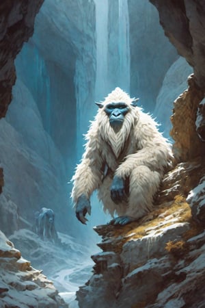 a very mysterious Yeti sorcerer near a cave in Tibet, watercolor painting, Jean-Baptiste Monge style, bright, beautiful in spring, splash, big perfect eyes, Glittering, cute and adorable, filigree, rim lighting, lights, magic, surreal, fantasy, awe inspiring, dreamlike, wlop, artgerm and james jean, digital Art, perfect composition, beautiful detailed, intricate, insanely detailed octane render trending on artstation, 8 k artistic, stunning, something that even doesn't exist, mythical being, textures, breathtaking beauty, pure perfection, divine presence, unforgettable, impressive, breathtaking beauty, Volumetric light, auras, rays, vivid colors reflects,greg rutkowski,painting by jakub rozalski