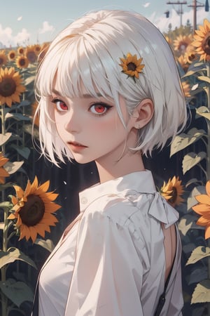 (1 girl), short hair (to the back of the head), with bangs, white hair, eyes (intense red), wearing a blouse with thin white straps, brown_skin, sunflower flowering field background, eyes_details, hands_detailed, background_details, face_detail, colorful_portrait, midjourney style, midjourney, cyber pubg issue, intense_red_eyes.