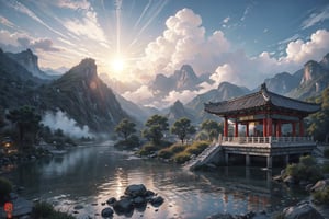 (8k, best quality, top level: 1.1), wide-angle lens:1.1,traditional architecture, high mountains and white clouds, clouds, ((Traditional Chinese Pavilion)), pilgrim,morning glow, sunrise, background, flowing water and detailed elements below. Desert