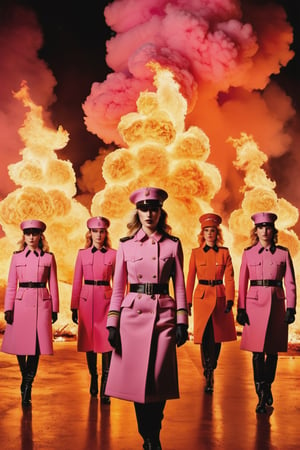 a pink group with fire burning behind them, in the style of steven klein, sandy skoglund, meticulous military scenes, bella kotak, close up, soviet, orderly symmetry