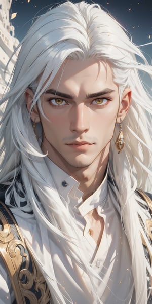 (1 man), masculine features, yellow eyes, white skin, long white hair, (masculine features), eye_detailed, addDetailed, more_detail, add_detail, hight_colors, hight_details, light_particles, handsome_male, detail_male, face_male.