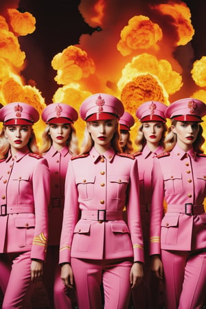 a pink group with fire burning behind them, in the style of steven klein, sandy skoglund, meticulous military scenes, bella kotak, close up, soviet, orderly symmetry