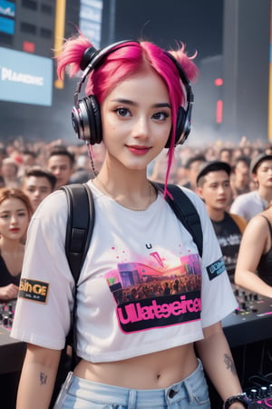 RAW photo of female DJ, 24 years old, skinny, (futuristic DJ set:1.2), bright pink hair, messy ponytail weave hairstyle, detailed headphones, medium smile, (looking at crowd:1.1), (hype atmosphere:1.2), (full DJ set visible:1.3), standing on a stage, (big crowd in background:1.1), (everyone partying:1.2), (masterpiece:1.3), (best_quality:1.3), (ultra_detailed:1.3), 8k, extremely_clear, realism, (ultrarealistic:1.3), cinematic lighting, highres, professional color grading, film grain, (ultrarealistic:1.2):(adobe lightroom:1.2):0.3), (intricate details:0.2),gh3a