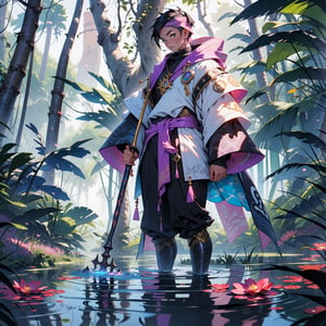 (masterpiece), best quality, 1boy, mage, holding_magic staff, casting purple magic, [Purple Water | Dragon], glowing, wide shot, standing on lake, surface lake, jungle_forest, intricate details, pink particles swirling ,EnvyBeautyMix23