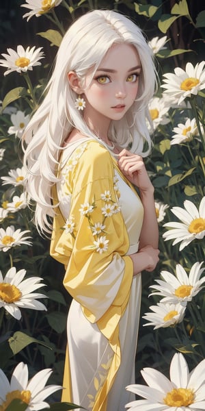 (1 Girl) long white hair, yellow eyes, white skin, wearing a beautiful yellow flowered dress, daisy garden background, low lighting, detailed_eyes, detailed_face, detailed_hands, backgroung_detailed, cinema_lighting, colorful_portrait, Midjourney, full_body.