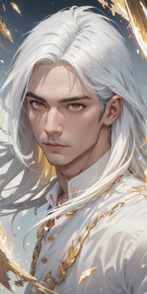 (1 man), masculine features, yellow eyes, white skin, long white hair, (masculine features), eye_detailed, addDetailed, more_detail, add_detail, hight_colors, hight_details, light_particles, handsome_male, detail_male, face_male.