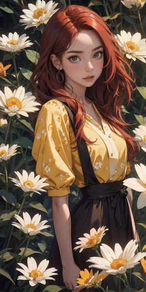 (1 Girl) long red hair, brown eyes, brown_skin, wearing a beautiful yellow flowered dress, daisy garden background, low lighting, detailed_eyes, detailed_face, detailed_hands, backgroung_detailed, cinema_lighting, colorful_portrait, Midjourney, full_body, midjourney style.