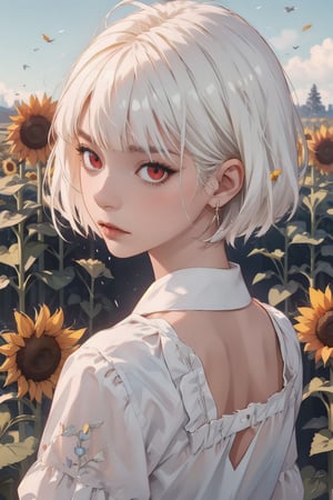 (1 girl), short hair (to the back of the head), with bangs, white hair, eyes (intense red), wearing a blouse with thin white straps, brown_skin, sunflower flowering field background, eyes_details, hands_detailed, background_details, face_detail, colorful_portrait, midjourney style, midjourney, cyber pubg issue, intense_red_eyes.