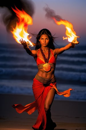 fire oh,In the warm twilight, a beautiful woman is controlling the flames, as if she's a vibrant goddess in Steve McCurry's lens. The fire dances in her palm, illuminating her face and reflecting her confidence. Her posture is firm, as if she's challenging, with the flame as her weapon. The deep background makes her power more focused.