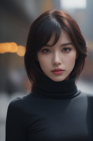 portrait of megan_rain, (1girl), (closeup portrait), ((front view)), ((full-body)), ((best quality)), ((masterpiece)), ((hyper-realistic)), (ultra-detailed), photo, high quality, looking at the viewer, hands apart, wearing ((black cowl turtleneck)), roll_up_sleeves, wearing a (((black:1.2) pants)), wearing a ((belt)), walking pose, makeup, mascara, (street), (bokeh),(detailed), (intricate), (cinematic lighting), (sharp focus on eyes), (skin texture:1.2), ((highly detailed face, realistic skin texture)), sharp focus, fujifilm xt3, natural skin texture, by holly randall,