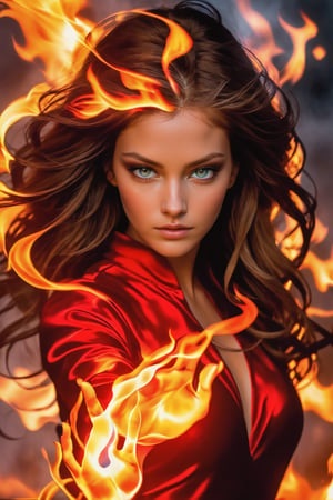 fire oh, In this photo, a beautiful girl is controlling the flames. Her eyes are bright, as if there is some mysterious connection between her and the flames. Her fingers lightly touch the flames, as if playing a passionate melody. Her face is illuminated by the flames, warm and bright like the dawn. The background is a deep darkness, making the flames and her face stand out. The composition of this picture is clever, the colors are vivid, full of dynamism and vitality, just like the works of Annie Leibovitz.