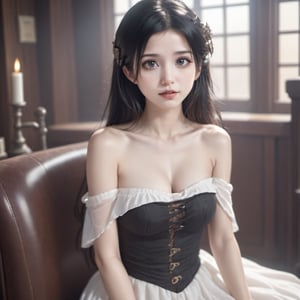 FilmGirl, 1girl, solo, black hair, dress, realistic, white dress, long hair, sitting, bare shoulders, looking at viewer, parted lips, breasts, collarbone, black eyes, lips, see-through, off shoulder, small breasts,1girl,HZ Steampunk,girl