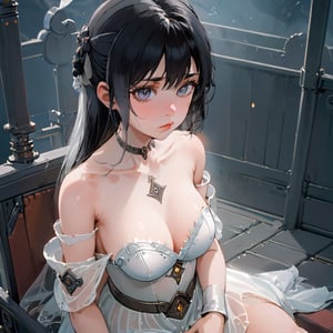 FilmGirl, 1girl, solo, black hair, dress, realistic, white dress, long hair, sitting, bare shoulders, looking at viewer, parted lips, breasts, collarbone, black eyes, lips, see-through, off shoulder, small breasts,1girl,HZ Steampunk,girl,xwhd,danknis