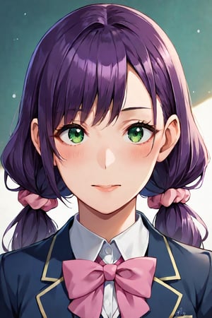 score_10, score_9, score_8_up, score_9_up, masterpiece, high quality, highly detailed, ultra detailed, 1girl, solo, long hair, looking at viewer, bow, twintails, school uniform, green eyes, jacket, upper body, purple hair, bowtie, plague doctor mask, scrunchie, blazer, hair scrunchie, winter uniform, otonokizaka school uniform, pink scrunchie, toujou nozomi