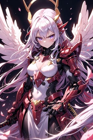 masterpiece, best quality, 1girl, long white hair, purple eyes, angel theme, samurai armor, shogun armor, red armor, horn headgear, energy angel halo, sakura petals falling, holding sword, battle scene, serious face, angry face, fire in background, robotic angel wings, SFW, white chestplate, red limbs, samurai shoulder armor, red gauntlets, holding katana, looking down, depth of field, high detailed, vanessa, consistent, star halo, angel halo, big robot wings, looking down