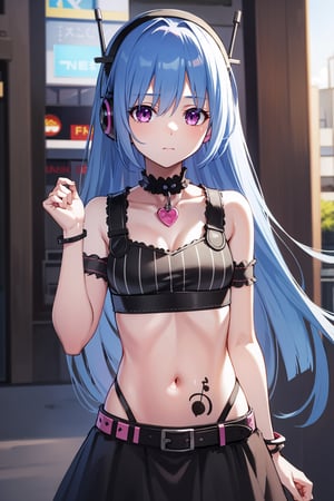 5pb, ,5pb, blue hair, (purple eyes:1.1), long hair, (parted bangs:1.7), (small breasts:1.2),BREAK headphones, midriff, skirt, tattoo, black skirt, choker, belt, pink belt, bracelet, heart, heart necklace, musical note, musical note print, sleeveless, sleeveless dress, frills, frilled skirt,BREAK looking at viewer, potrait, fully body,BREAK outdoors,BREAK Good(masterpiece:1.2), best quality, high resolution, unity 8k wallpaper, (illustration:0.8), (beautiful detailed eyes:1.6), extremely detailed face, perfect lighting, extremely detailed CG, (perfect anatomy), cowboy_shot, street, armpit,standing