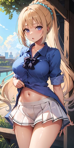 ((exposed panties,exposed breasts, overboob)),masterpiece, best quality, highres, aakei, long hair, blonde hair, ponytail, hair scrunchie, collared shirt, cleavage shirt, (skirt lift:1.3(, white skirt,outdoors, cowboy shot ,aakei,hair scrunchie, panties, thong)) ,nsfw, exposed bra, overboobs,( skirt lifting) , open clothes, exposed bra, midriff