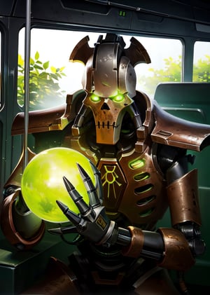  (digital) ( in detailed bus interior, ( green eyes glowing eyes, glowing, armor, robot, orb)) , best quality,    necrons, 