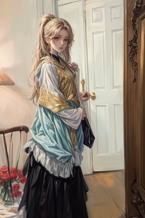 masterpiece, 1 girl, best quality, oil painting style, golden frame