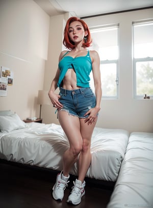 (pov fisheye lens) torso POV defined hard edges, well defined, elvgren ,brom,ecstasy,blush, red hair short hair straight hair, sporty 18-year-old , highly detailed, 8k, bedroom , microbikini, small_breasts 