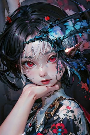 masterpiece, best quality,ultra-detailed, colorful, watercolor, A white short hair red eyes girl side face, elf ears 