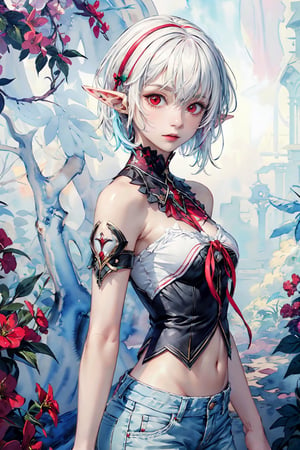 masterpiece, best quality,ultra-detailed, colorful, watercolor, A white short hair red eyes girl side face, elf ears 