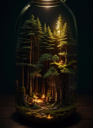 (An intricate forest minitown landscape trapped in a bottle), atmospheric oliva lighting, on the table, 4k UHD, dark vibes, hyper detailed, vibrant colours, epic composition, octane render, sharp focus, high resolution isometric