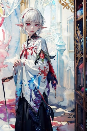 masterpiece, best quality,ultra-detailed, colorful, watercolor, A white short hair red eyes girl side face, elf ears 