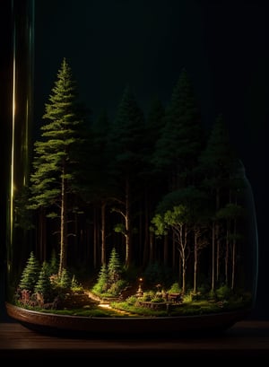 (An intricate forest minitown landscape trapped in a bottle), atmospheric oliva lighting, on the table, 4k UHD, dark vibes, hyper detailed, vibrant colours, epic composition, octane render, sharp focus, high resolution isometric