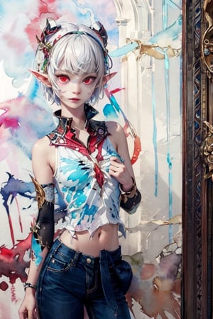 masterpiece, best quality,ultra-detailed, colorful, watercolor, A white short hair red eyes girl side face, elf ears 