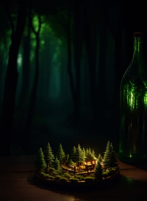 (An intricate forest minitown landscape trapped in a bottle), atmospheric oliva lighting, on the table, 4k UHD, dark vibes, hyper detailed, vibrant colours, epic composition, octane render, sharp focus, high resolution isometric