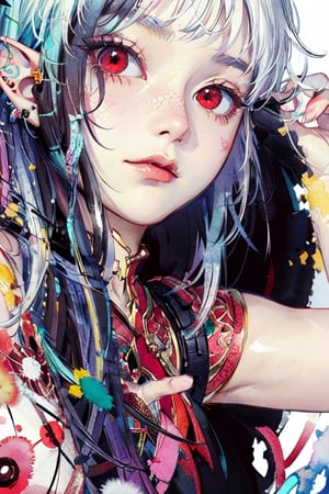 masterpiece, best quality,ultra-detailed, colorful, watercolor, A white short hair red eyes girl side face, elf ears 