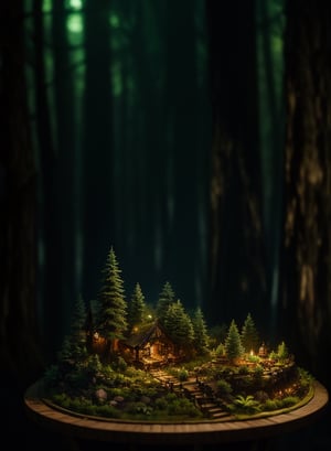 (An intricate forest minitown landscape trapped in a bottle), atmospheric oliva lighting, on the table, 4k UHD, dark vibes, hyper detailed, vibrant colours, epic composition, octane render, sharp focus, high resolution isometric, marijuana plants