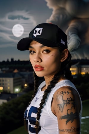 Light skin girl (colorful) with black braids, fitted hat, portrait, tattoos, smoke, two-tone-hair, Full Moon, football jersey, city view,