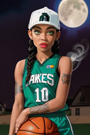 Light skin girl (colorful) with green eyes and black braids, fitted hat, portrait, tattoos, smoke, two-tone-hair, Full Moon, basketball jersey,