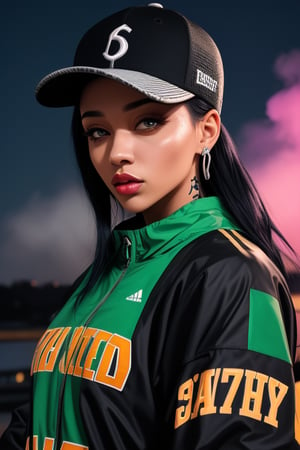 Light skinned girl (colorful) with green eyes and black fade, fitted hat, portrait, tattoos, smoke, two-tone-hair, drip jacket, basketball jersey, night_sky, moon, 
