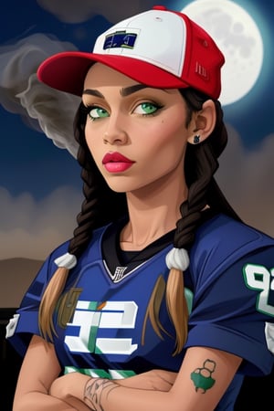 Light skin girl (colorful) with green eyes and black braids, fitted hat, portrait, tattoos, smoke, two-tone-hair, Full Moon, football jersey,