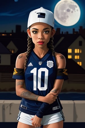 Light skin girl (colorful) with black braids, fitted hat, portrait, tattoos, smoke, two-tone-hair, Full Moon, football jersey, city view,