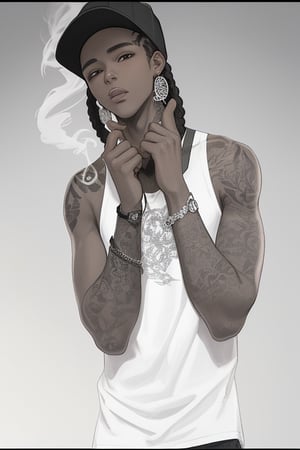 light skinned boy (colorful) with brown eyes and black braids, fitted hat, portrait, tattoos, weed-smoke
