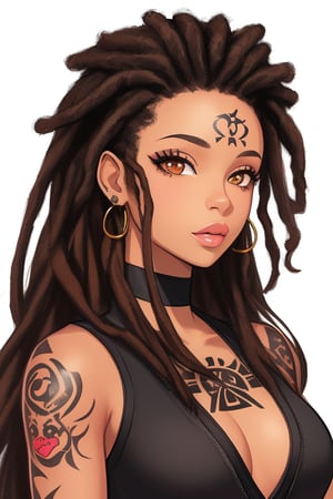 Light skinned girl (colorful) with brown eyes and black dreads, portrait, tattoos, 


 