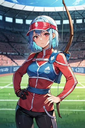 score_9, score_8_up, score_7_up, score_6_up, BREAK source_anime, 1girl, archery, arrow (projectile), black pants, bow (weapon), chest guard, long sleeves, playing sports, single glove, solo, stadium, visor cap