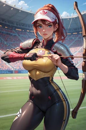 score_9, score_8_up, score_7_up, score_6_up, BREAK source_cartoon, 1girl, archery, arrow (projectile), black pants, bow (weapon), chest guard, long sleeves, playing sports, single glove, solo, stadium, visor cap